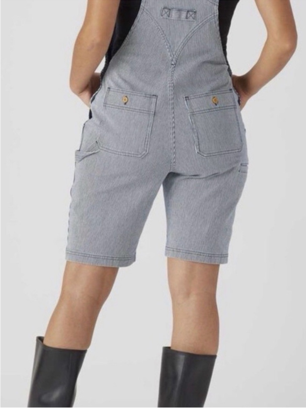Duluth Trading Bibs Railroad Pin Stripe Rootstock Gardening Shorts Overalls L - Picture 6 of 16